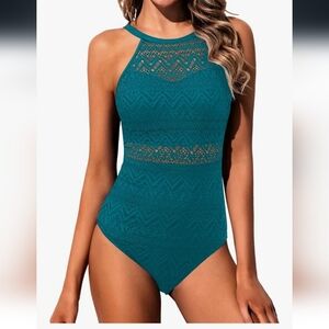 NWT Womend Holipick Teal Halter Lace One-Piece Swimsuit,Ajustable Straps, Sz Med